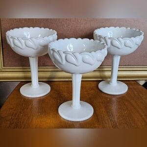 3 Vintage Wistar Fostoria Milk Glass Embossed Leaf Pattern Tall Pedestal Compote